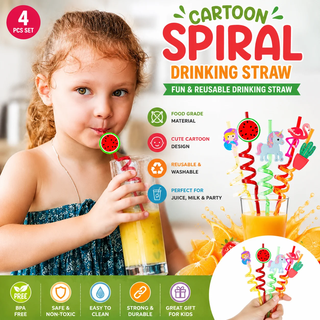 4Pcs Straw for Kids & Party Decoration Colorful Fruit Style Straw/Reusable Straws Smoothie Drinking Straws for Milkshakes thumbnail 4