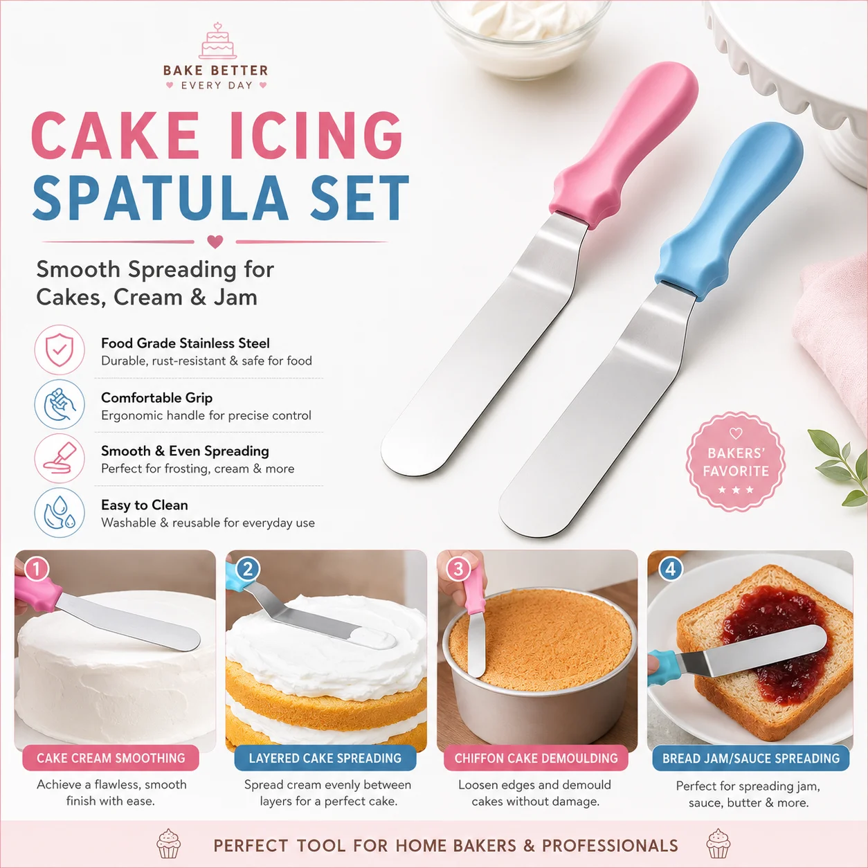 3pcs Stainless steel cream spatula, Butter Cake Cream Smoother Spatula Fondant Pastry Tool, Baking Pastry Cake Decorating Tools thumbnail 3