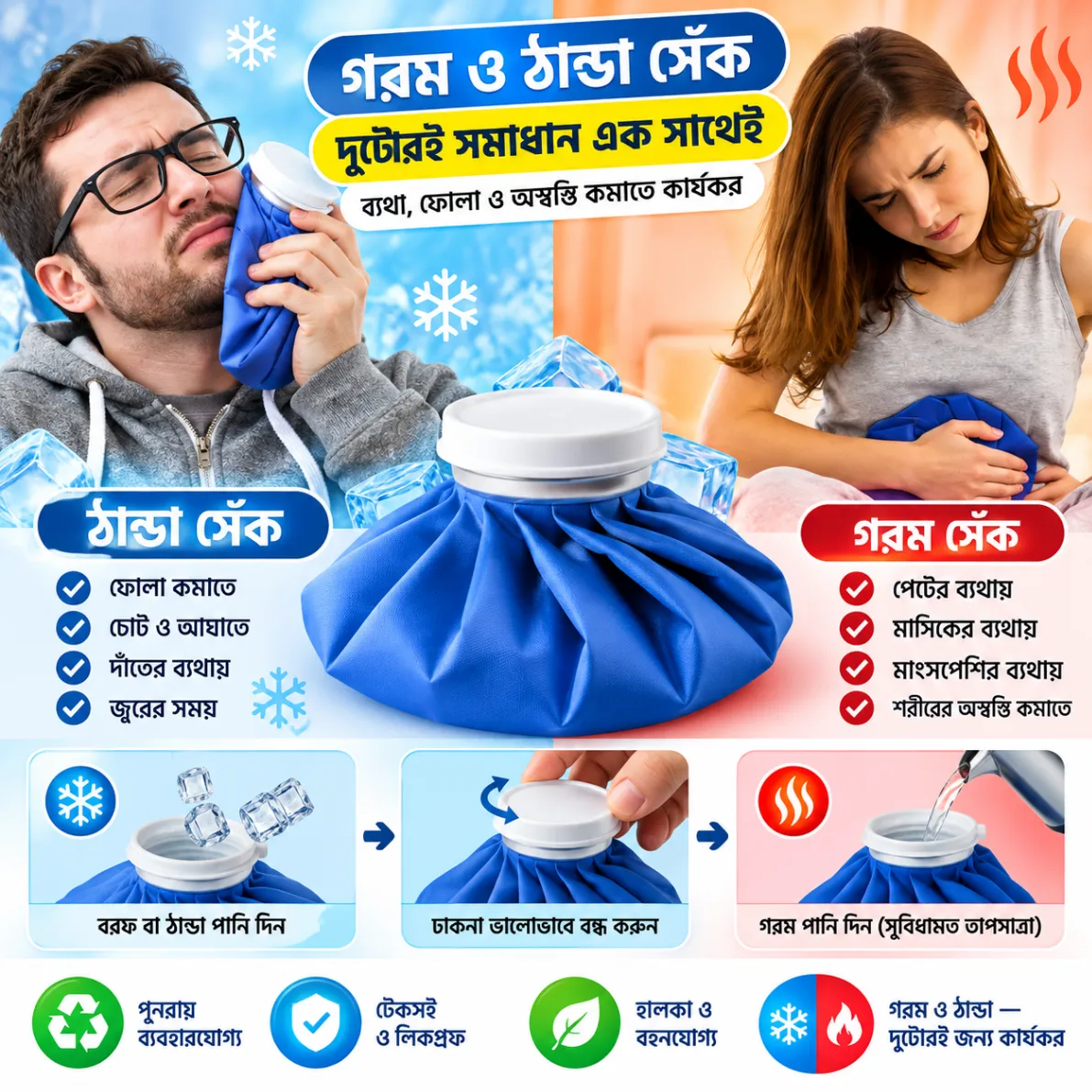 Hot & Cold Pack Reusable Ice Bags, First Aid Multipurpose Hot Cold Therapy 2