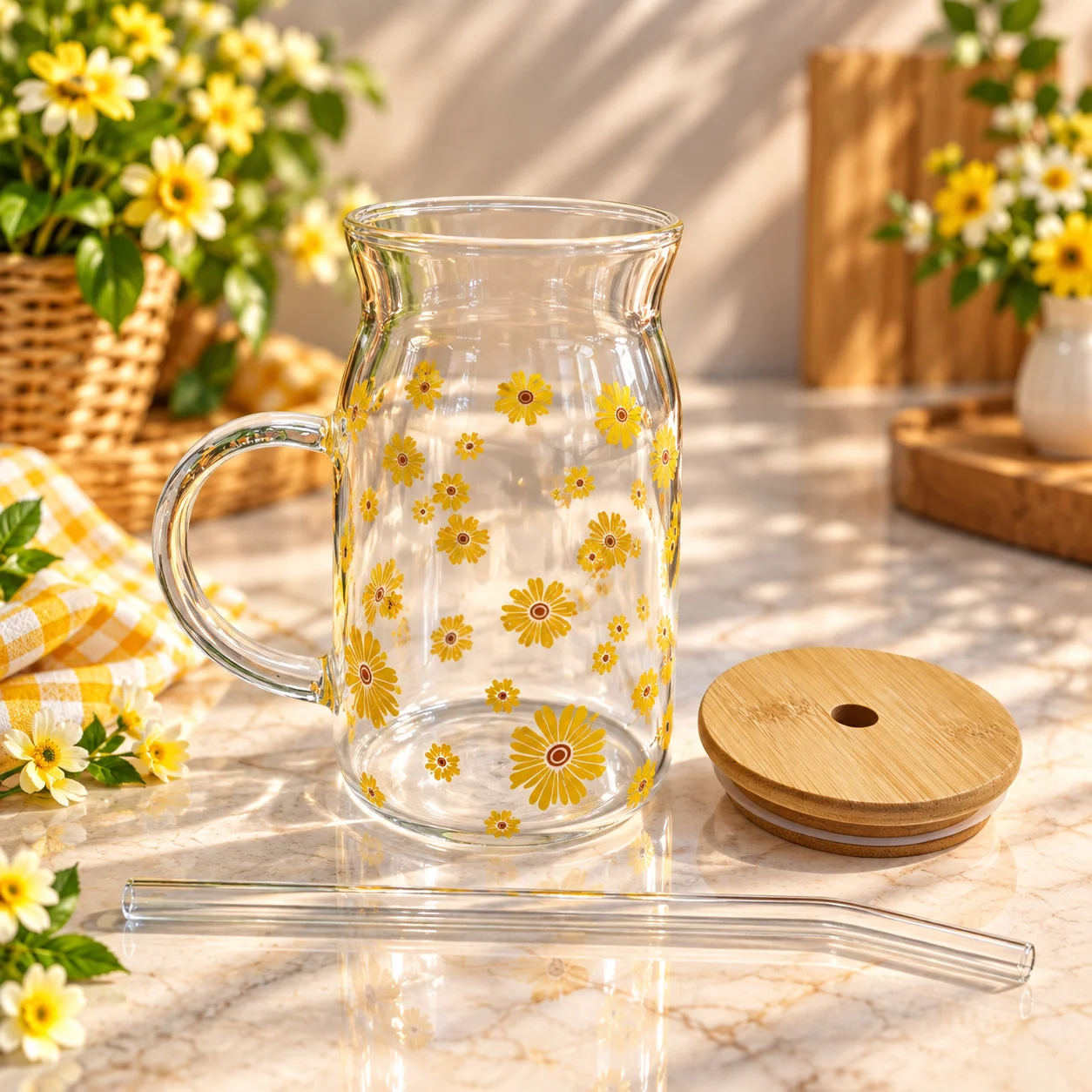 450ml Premium Glass Tumbler with Bamboo Lid, Handle & Reusable Glass Straw – Floral Design Beverage Cup thumbnail 4
