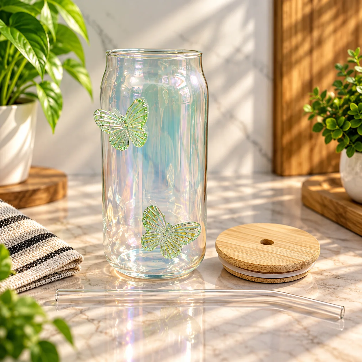 450ml Premium Glass Tumbler with Bamboo Lid & Glass Straw – Butterfly Design Reusable Beverage Cup thumbnail 2