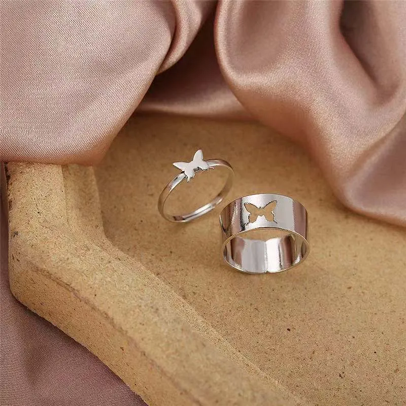 2Pcs/Set Butterfly Opening Alloy Wide Thin Hollow Couple Rings Finger Rings for Anniversary thumbnail 2