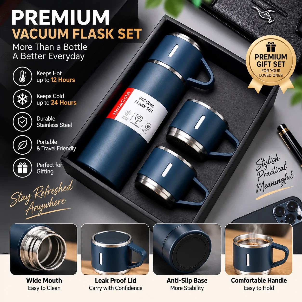 Vacuum Flask Gift Set -Vacuum Flask Set with 3 Cups/ Stainless Steel Vacuum Flask Set/ Coffee Mug/ Tea Mug/ Travel Mug thumbnail 1