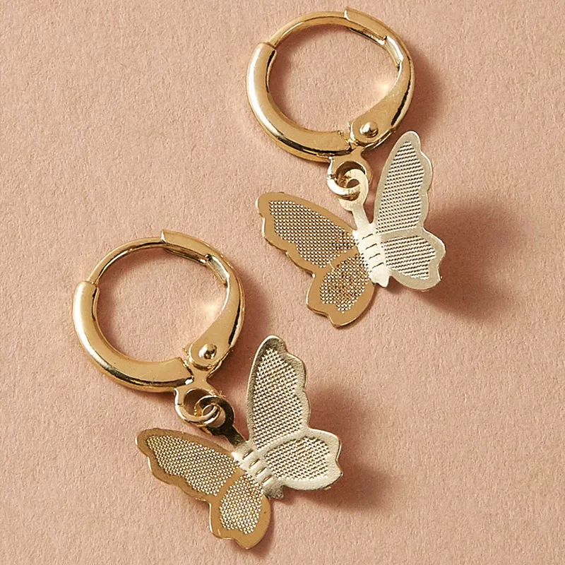 Trendy Butterfly Earring Charm Vintage Frosted Butterfly Hoop Huggie Earring Gold Color Small Round Hoop Earring Ear Jewelry thumbnail 2