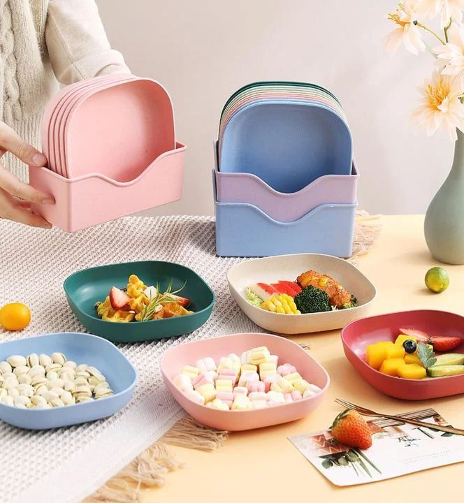 Square Plastic Dinner Plate Set (Set of 10 Pcs) Colorful Snacks / Breakfast Plate with Stand thumbnail 4
