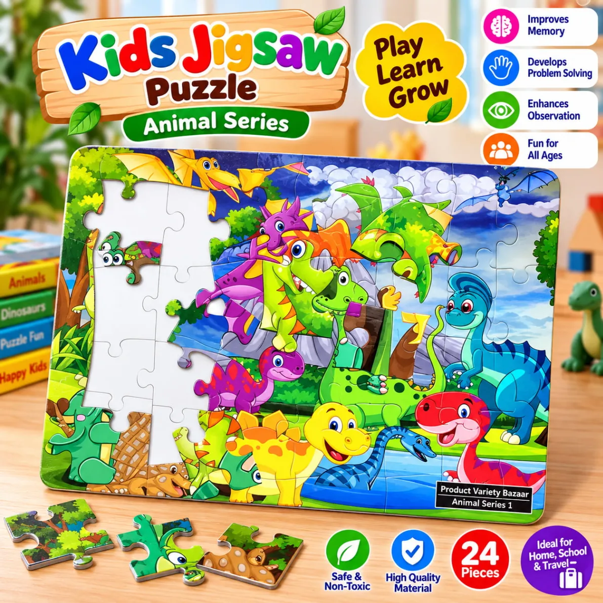 24 Piece Kids Jigsaw Puzzle Animal Set 8 x 10.8 Inch - Puzzle Toy For Kids thumbnail 2