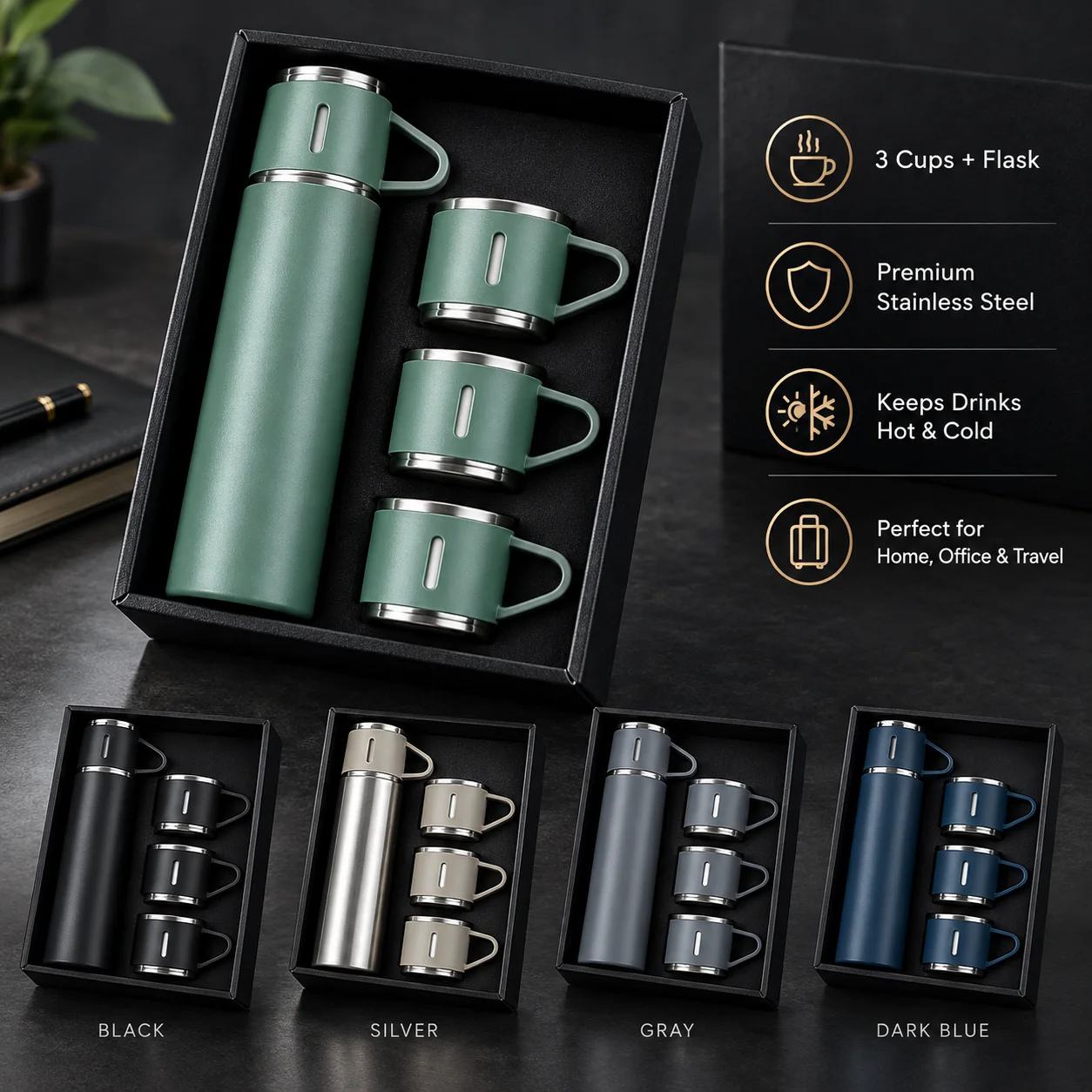 Vacuum Flask Gift Set -Vacuum Flask Set with 3 Cups/ Stainless Steel Vacuum Flask Set/ Coffee Mug/ Tea Mug/ Travel Mug thumbnail 3