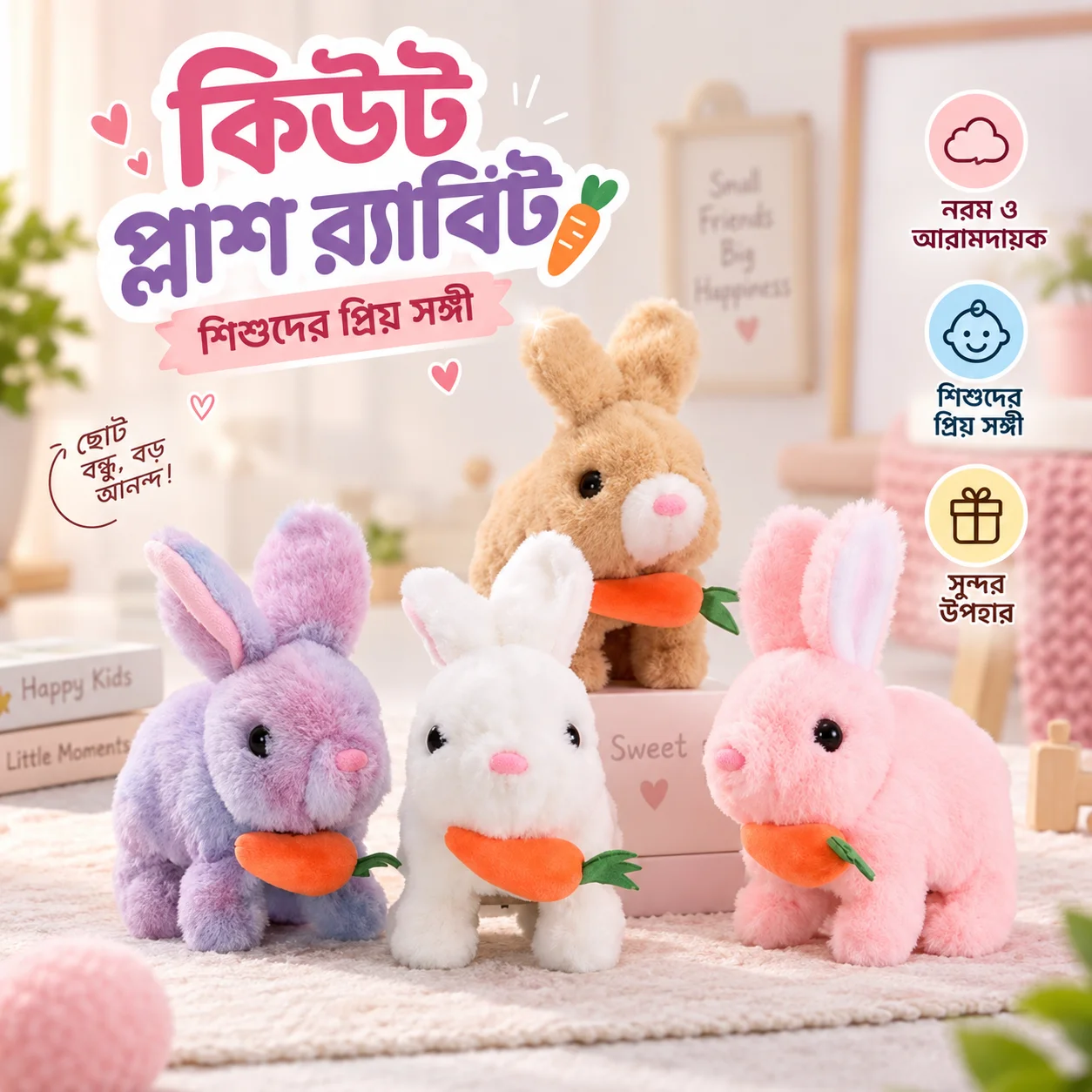 Bunny Carrot Plush Toy Electric with Lighting Sound, Battery Operated Hopping Robotic Rabbit Toys for Kids, Fun Wiggle Ears Pochy thumbnail 3