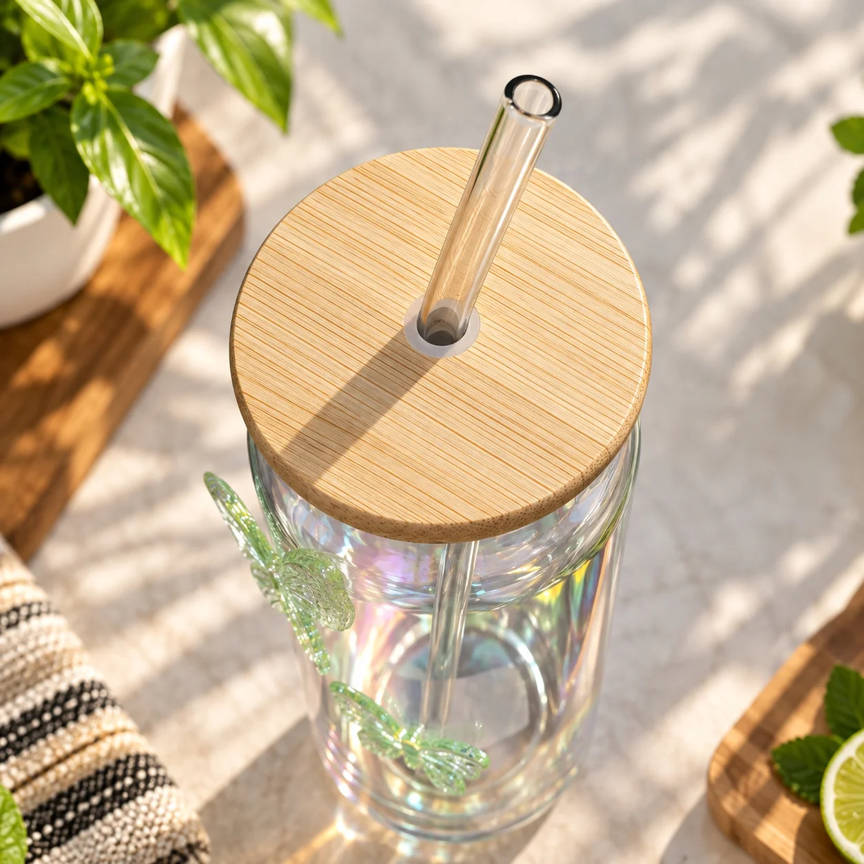 450ml Premium Glass Tumbler with Bamboo Lid & Glass Straw – Butterfly Design Reusable Beverage Cup thumbnail 3