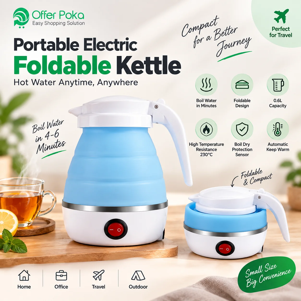 Silicone Foldable Electric Kettle, Portable Mini Electric Kettle for Travel, Electric Water Kettle thumbnail 3