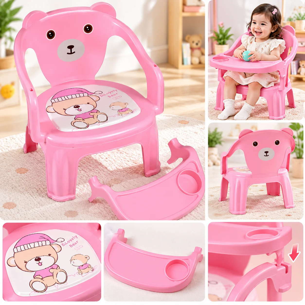 Baby feeding chair with Tray (Pink) Strong and Durable Plastic Chair for Kids, Plastic School Study Chair, Feeding Chair for Kids 3