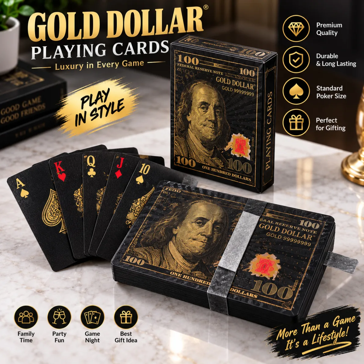 Gold Premium Poker Card Waterproof Plastic Foil Luxury Poker Card Playing Cards Game - Golden Silver Black PET Card Tash Play Card 54 Pcs Colourful thumbnail 2
