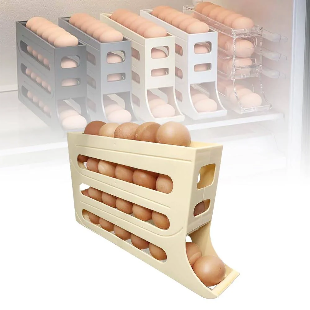 Slide Egg Storage Box Refrigerator Side Door Storage Box Automatic Scrolling Egg Holder Tray 4 Layer Rolling Egg Dispenser Rack thumbnail 4