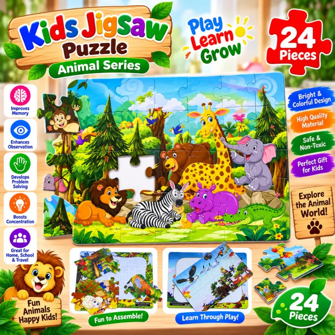 24 Piece Kids Jigsaw Puzzle Animal Set 8 x 10.8 Inch - Puzzle Toy For Kids thumbnail 3