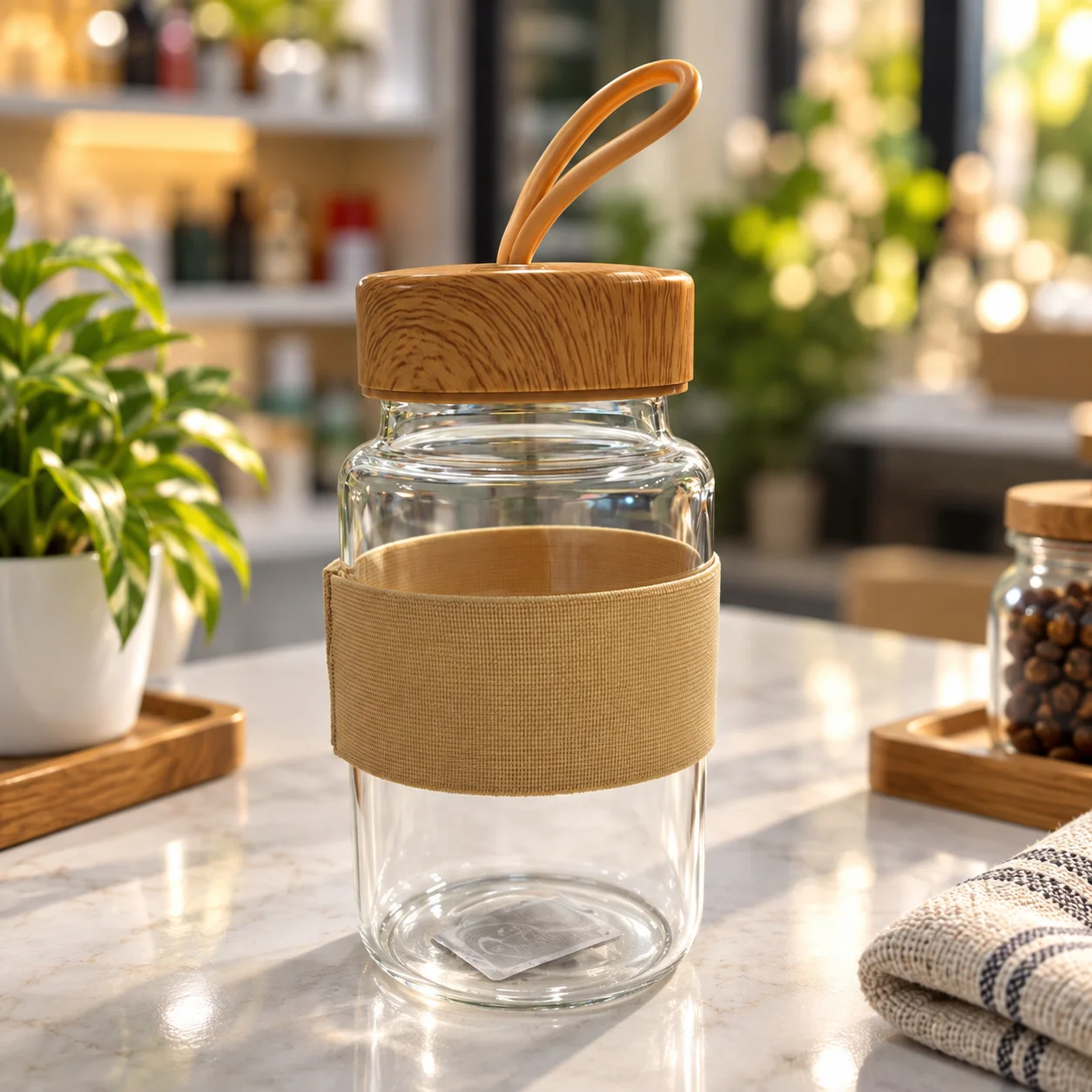 450ml Glass Water Bottle with Wooden Lid & Carry Handle – Reusable Premium Glass Bottle for Water, Juice & Beverages thumbnail 2