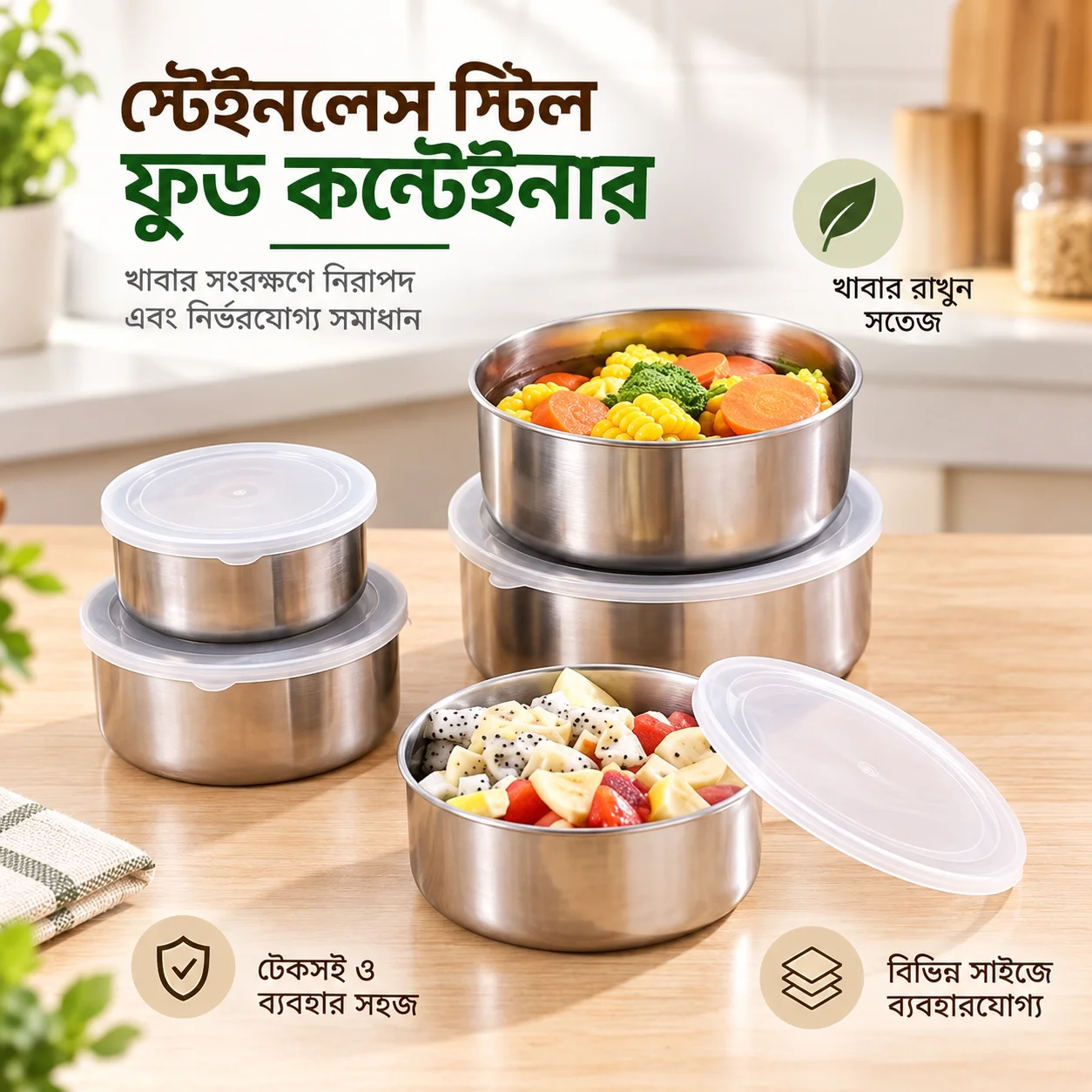 Stainless Steel Food Box 5 Pieces With Food Grade Plastic Cover, Protect Fresh Box thumbnail 2