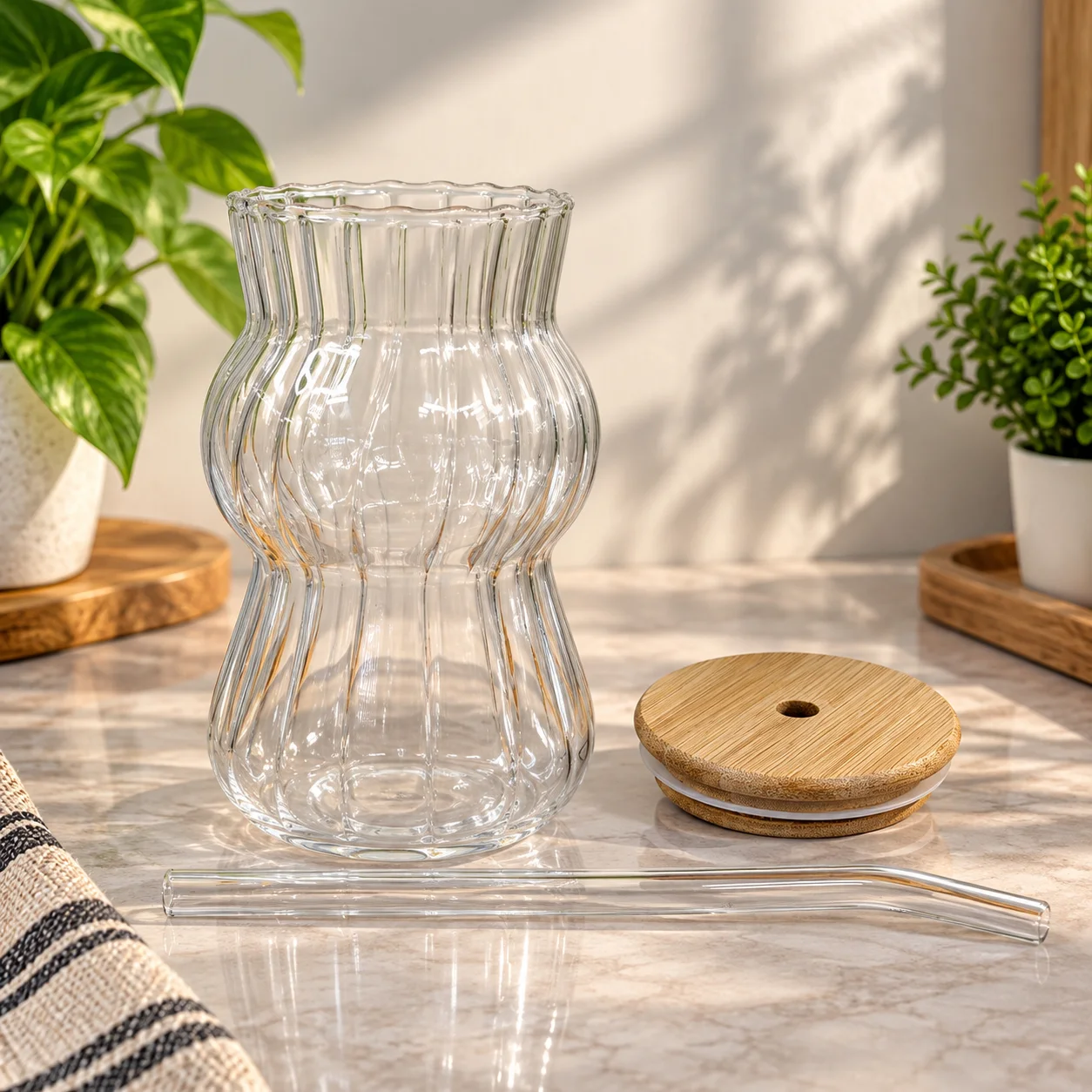 450ml Premium Glass Tumbler with Bamboo Lid & Reusable Glass Straw – Stylish Beverage Cup thumbnail 2