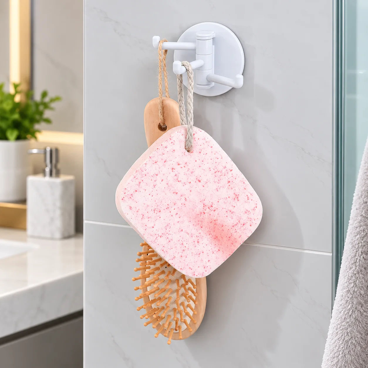 Multifunctional bathroom wall shelf free punching seamless trace rack rotating hook strong 3 branch rotating sticky hook thumbnail 3