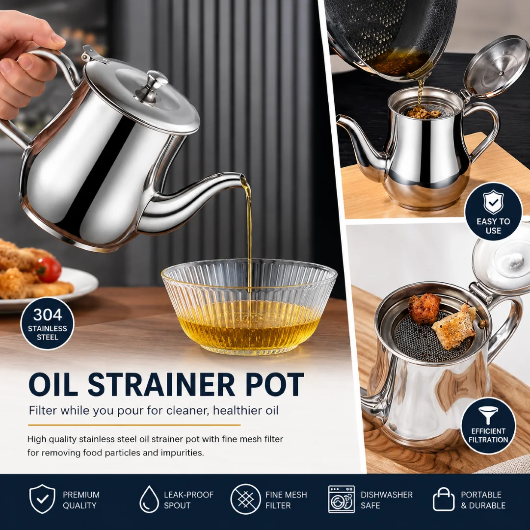 Stainless Steel Oil Strainer Pot Container Jug Storage with filter Cooking Oil Pot thumbnail 2