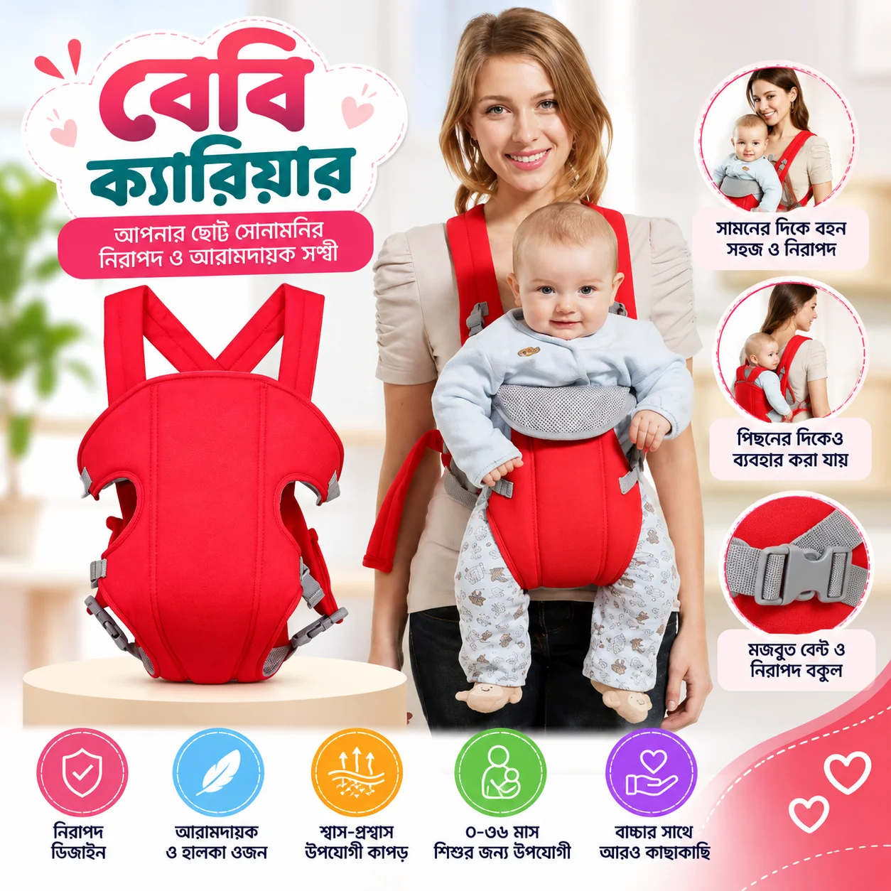 Baby Carrier Backpack – Adjustable Front & Back Baby Carrier with Safety Buckle | Lightweight & Comfortable Baby Carrier 1