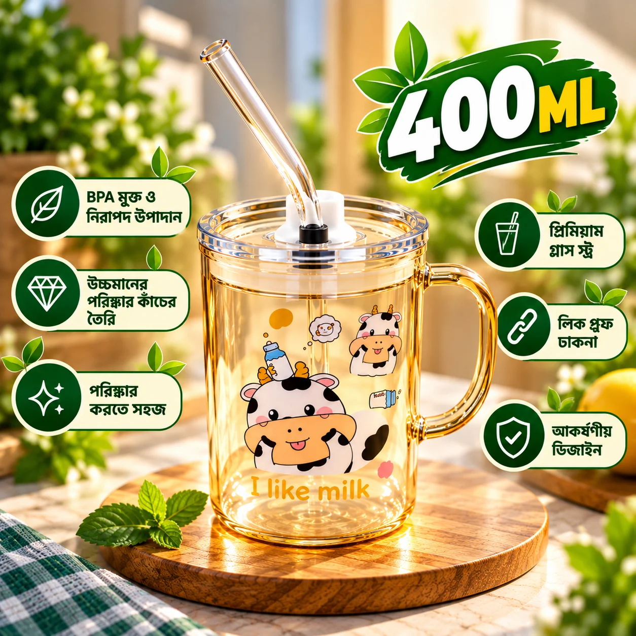 400ml Premium Glass Milk Mug with Lid & Glass Straw – Cow Print Cartoon Design Drinking Cup thumbnail 1