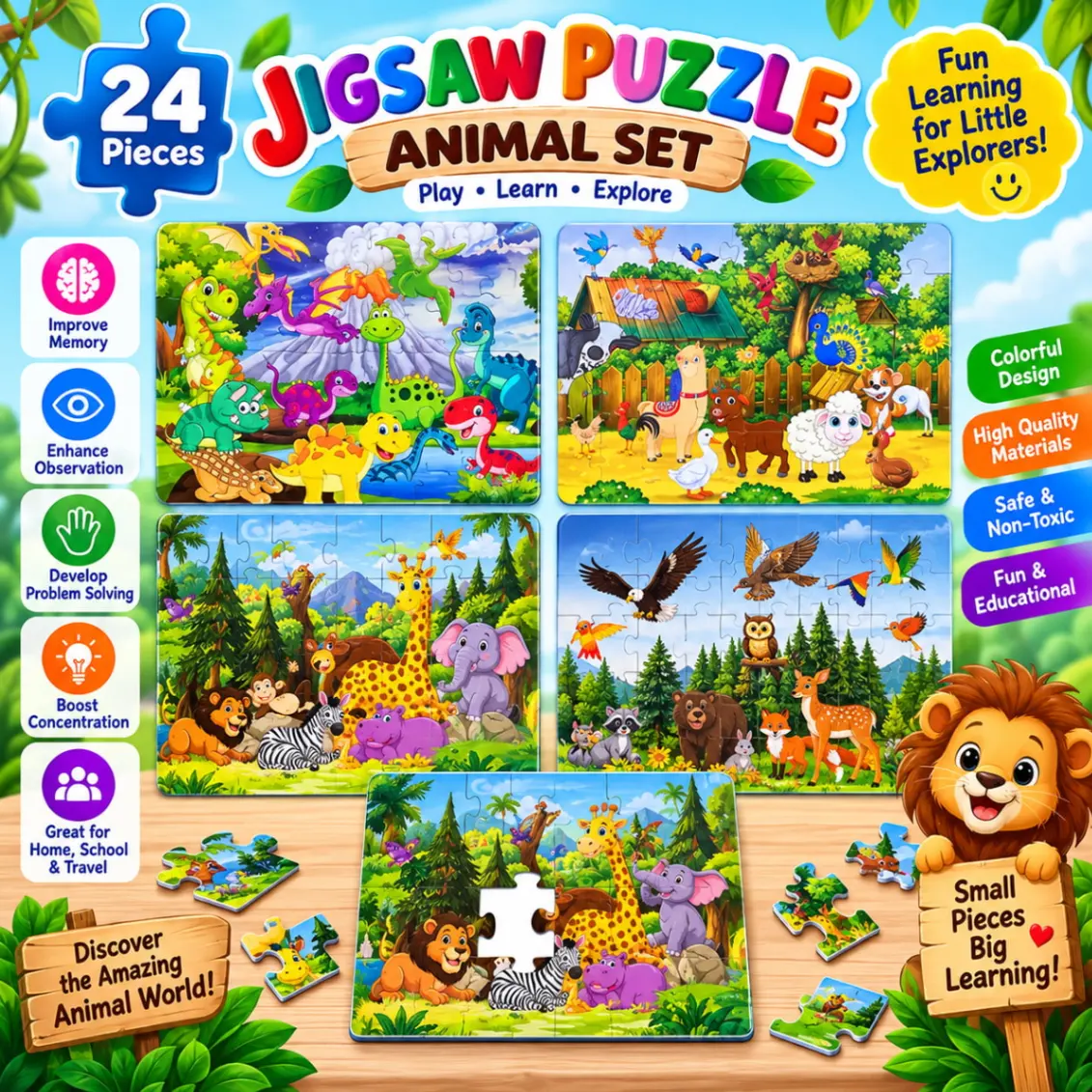 24 Piece Kids Jigsaw Puzzle Animal Set 8 x 10.8 Inch - Puzzle Toy For Kids 1