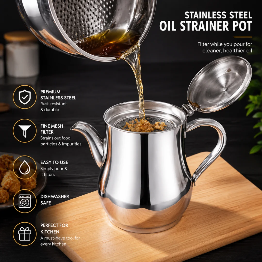 Stainless Steel Oil Strainer Pot Container Jug Storage with filter Cooking Oil Pot thumbnail 1