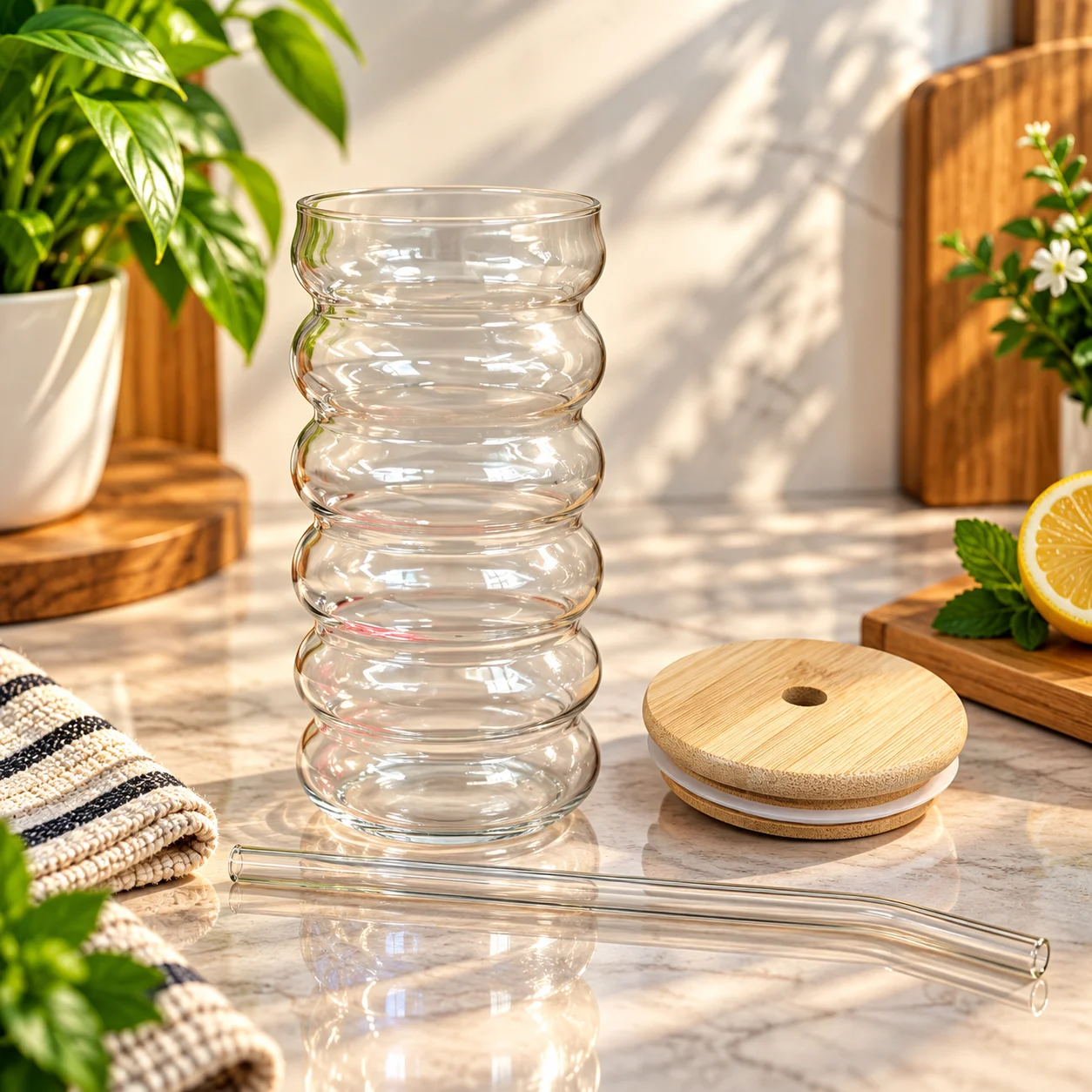 450ml Premium Glass Tumbler with Bamboo Lid & Reusable Glass Straw – Stylish Beverage Cup thumbnail 2