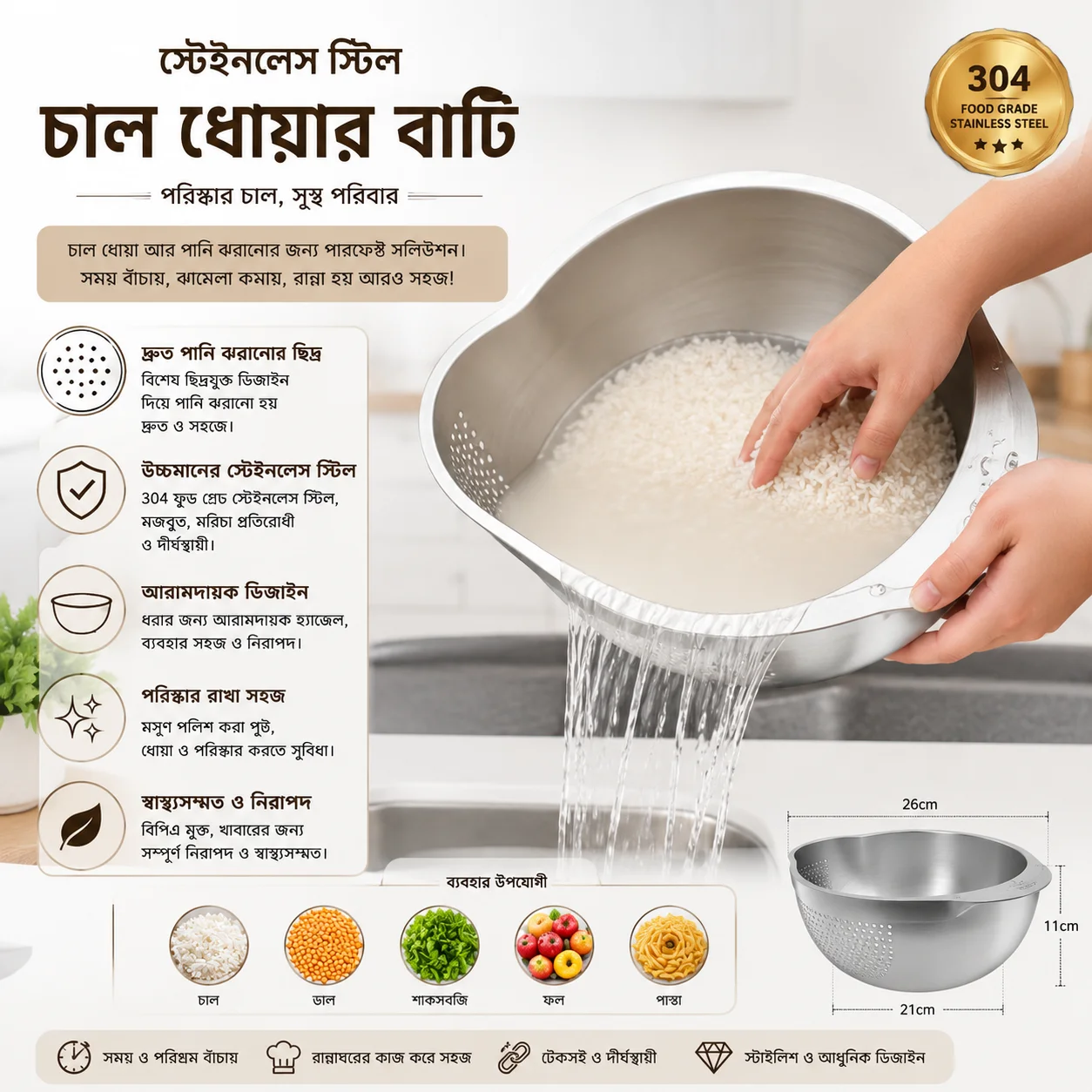 Rice Washer Strainer Bowl Stainless Steel Rice Washing Bowl Rice Sieve Colander Fruit And Vegetable Strainer thumbnail 2