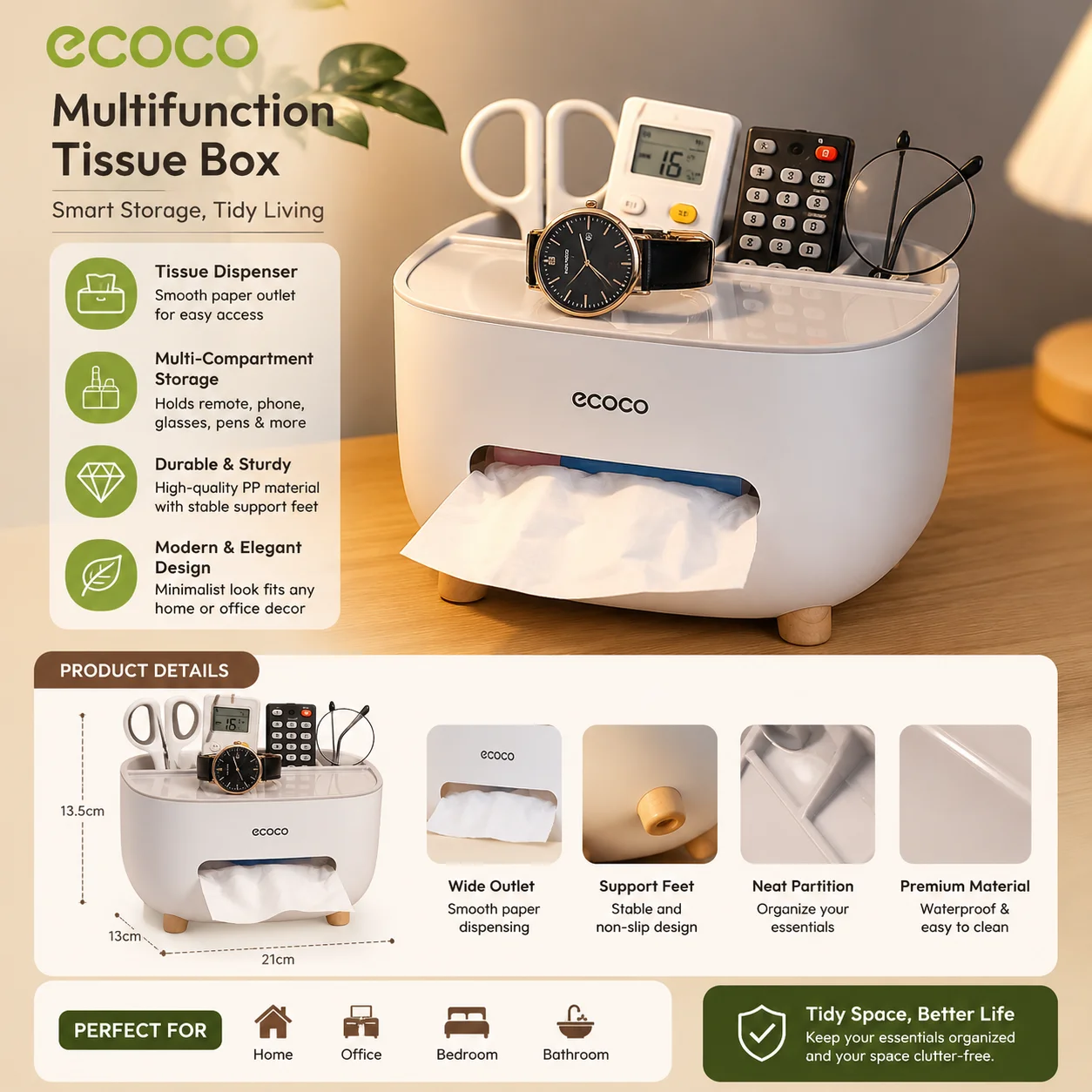 Ecoco Tissue Box, PVC Tissue Box, Multifunctional Box, Pen Holder, Remote Control, Tissue Holder, Storage Box, Cosmetic Tissue Box thumbnail 2