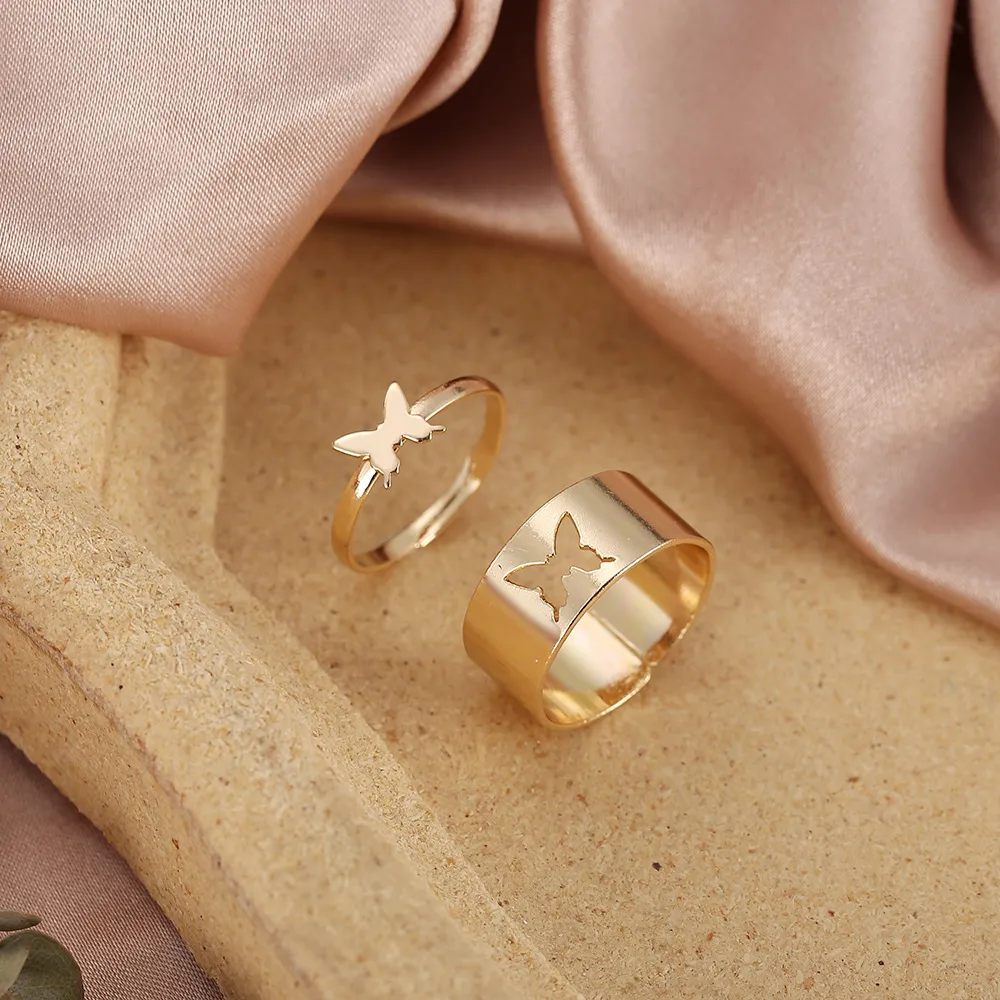 2Pcs/Set Butterfly Opening Alloy Wide Thin Hollow Couple Rings Finger Rings for Anniversary thumbnail 1