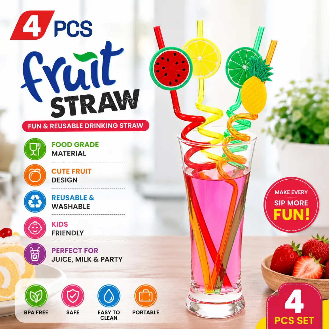 4Pcs Straw for Kids & Party Decoration Colorful Fruit Style Straw/Reusable Straws Smoothie Drinking Straws for Milkshakes thumbnail 1