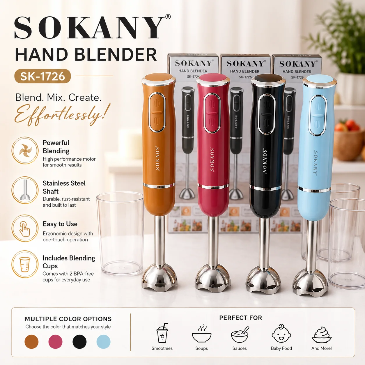 Sokany SK-1726 Stainless Steel Electric Hand Blender With Cup 300 watts thumbnail 3