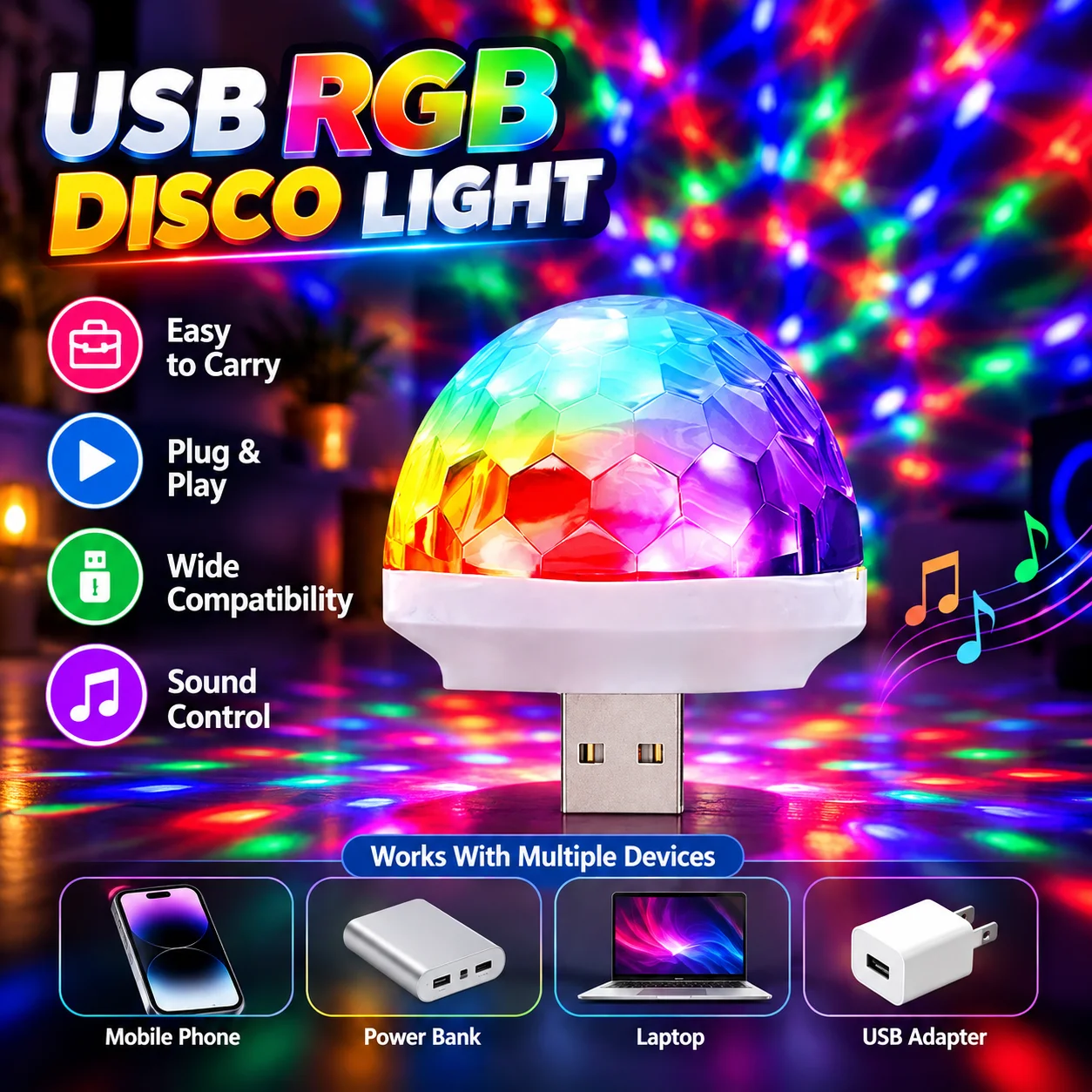 Usb Mini Led Disco Magic Ball Lights, Sound Sensor Led Small Magic Ball Light thumbnail 3