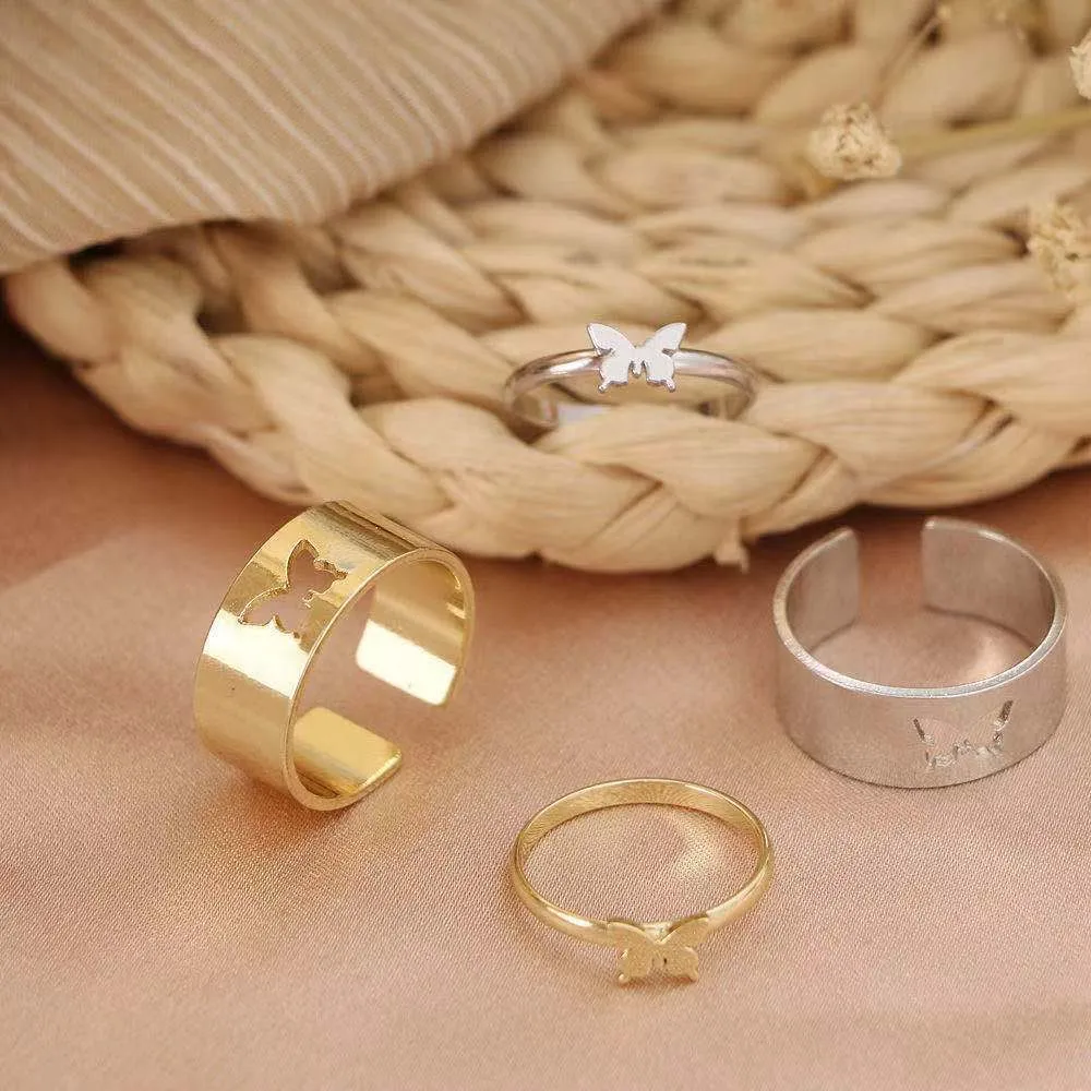 2Pcs/Set Butterfly Opening Alloy Wide Thin Hollow Couple Rings Finger Rings for Anniversary 3