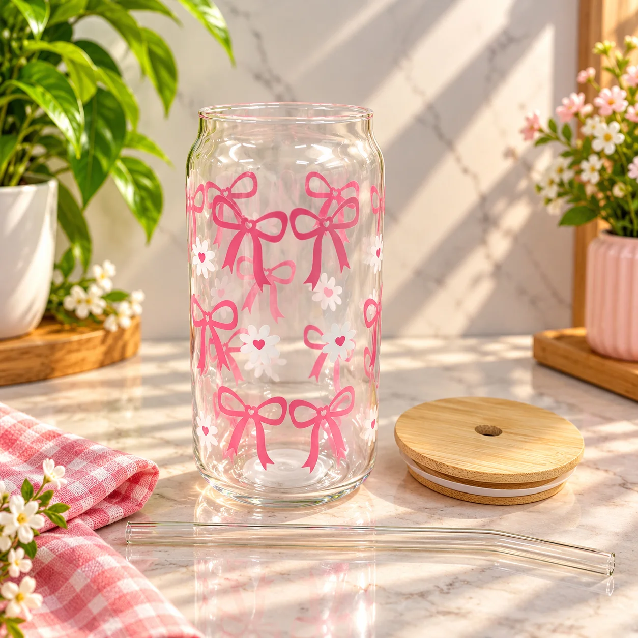 500ml Premium Glass Tumbler with Bamboo Lid & Reusable Glass Straw – Pink Bow & Flower Design thumbnail 2