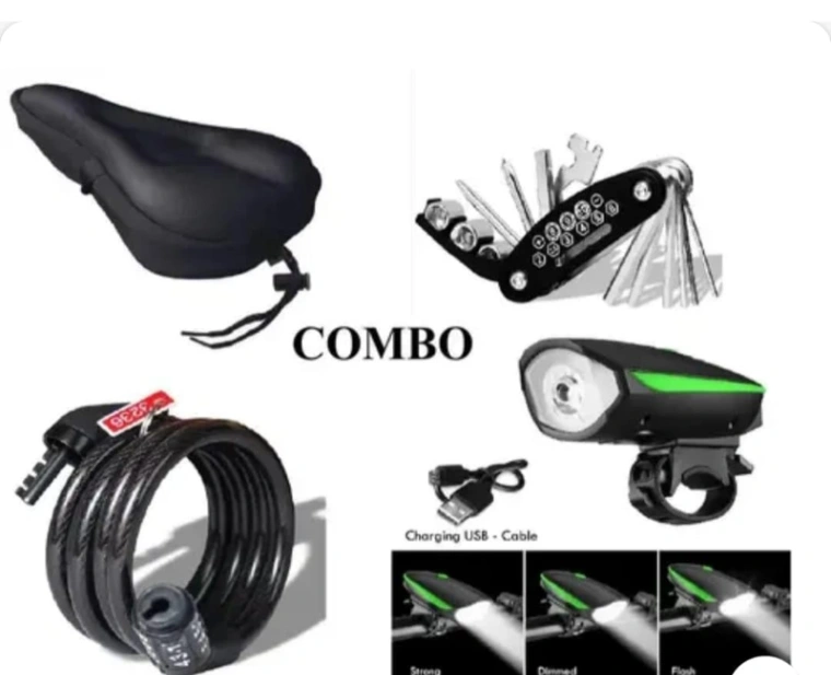 4-in-1 Bicycle Accessories Combo – Comfortable Seat Cover, Multi-Tool Kit, LED Front Headlight with USB Charging, and Anti-Theft Lock Cable | Essential Bike Accessories for Cycling thumbnail 1