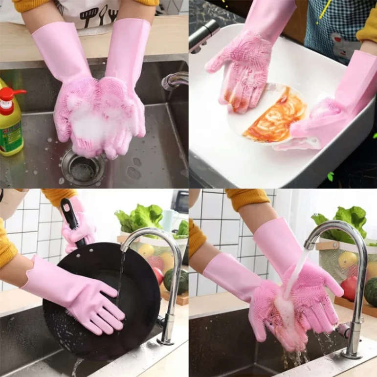 2pcs Silicone Dish Washing Kitchen Hand Gloves, Magic Silicone Dish Washing Gloves thumbnail 3