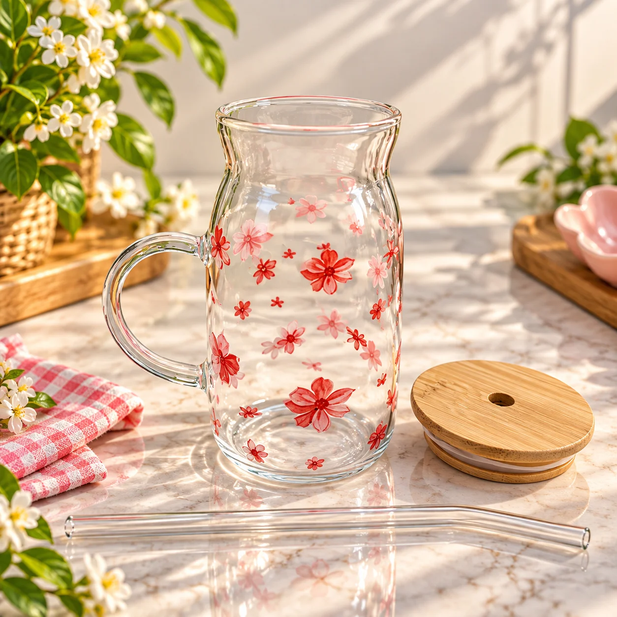 450ml Premium Glass Tumbler with Bamboo Lid, Handle & Reusable Glass Straw – Floral Design Beverage Cup thumbnail 2