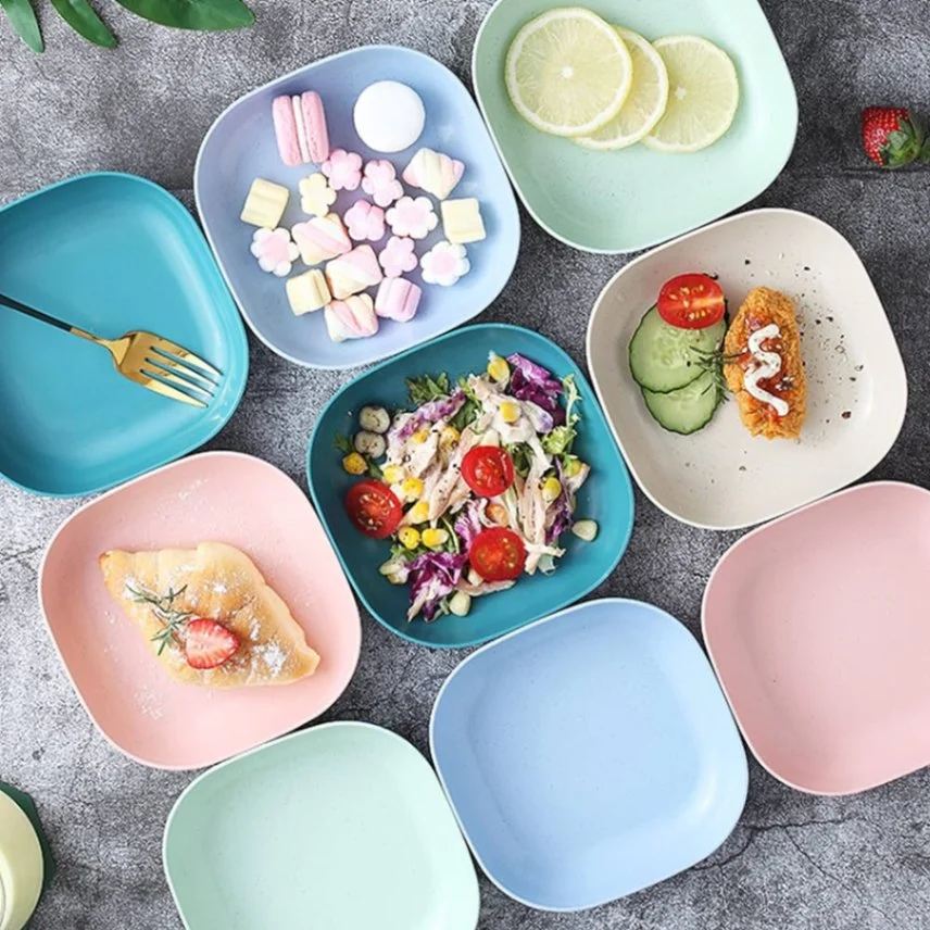 Square Plastic Dinner Plate Set (Set of 10 Pcs) Colorful Snacks / Breakfast Plate with Stand thumbnail 3