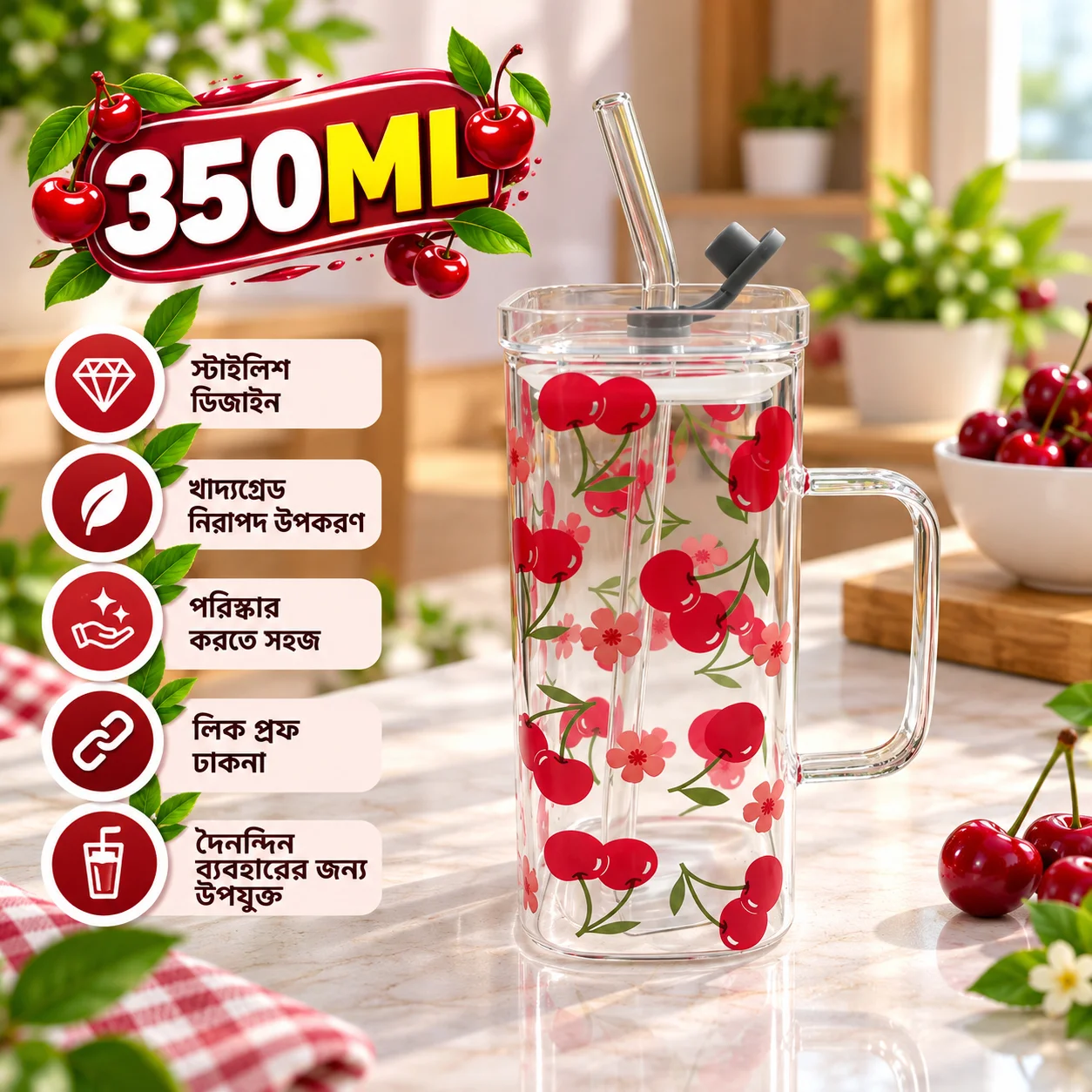 350ml Premium Glass Tumbler with Lid & Reusable Glass Straw – Floral & Bow Printed Design Beverage Cup thumbnail 3