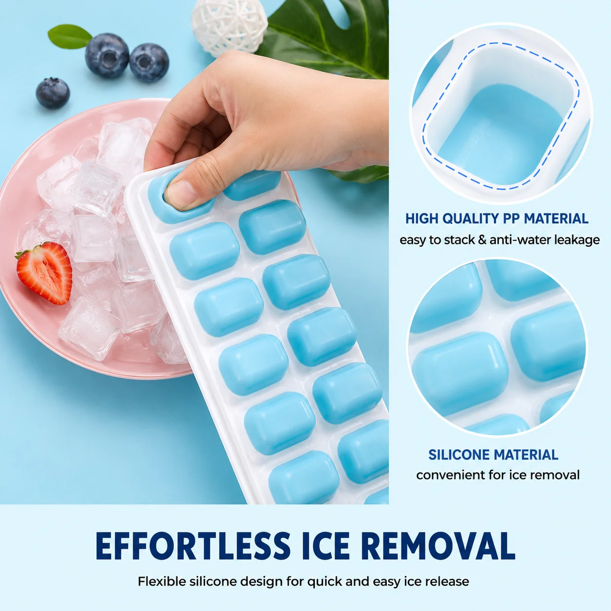 Silicone Ice Cube 14 Trays with Lid with Easy Release & Durability, Stackable & Bpa Free Ice Tray for Drinks, Fruit, Yogurt, Cocktail, Flexible Ice Trays for Freezer thumbnail 3