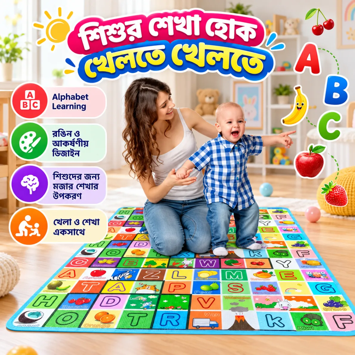 Baby Alphabet Play Mat Double Sided Print, Water Proof Baby Learning Floor Mat, thumbnail 4