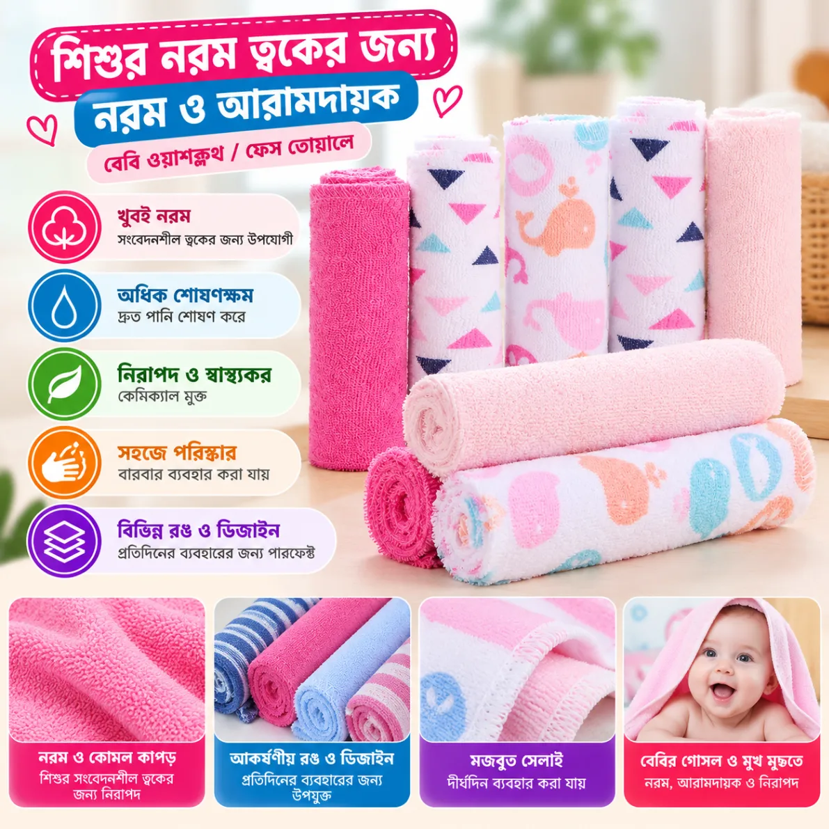Newborn Baby Towel Set (8 Pcs) – Soft Cotton Baby Washcloth & Hand Towel Set 3