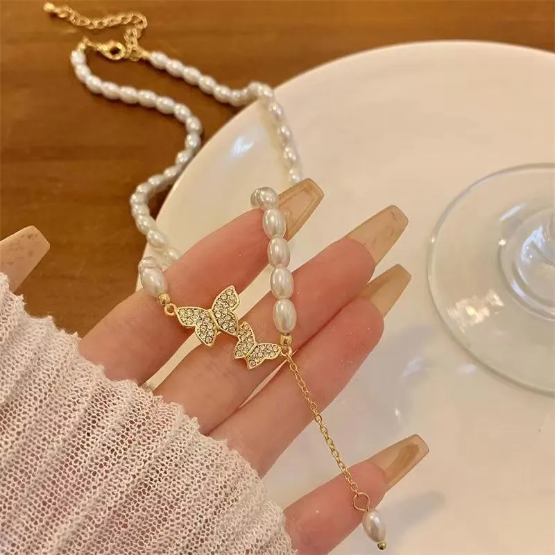 Fashionable Trendy Butterfly Pendant Pearl Choker Necklaces for Girls Simple Stylish - Pearl Adjustable Women Necklace Jewelry Accessories Gift for Women Simple New Collection - Necklace For Girls 4
