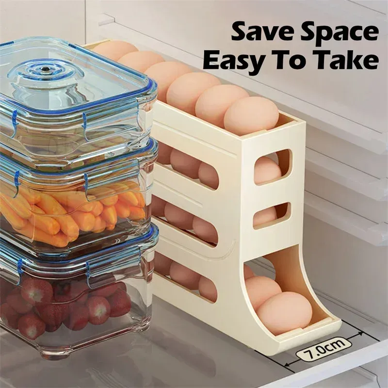 Slide Egg Storage Box Refrigerator Side Door Storage Box Automatic Scrolling Egg Holder Tray 4 Layer Rolling Egg Dispenser Rack thumbnail 3