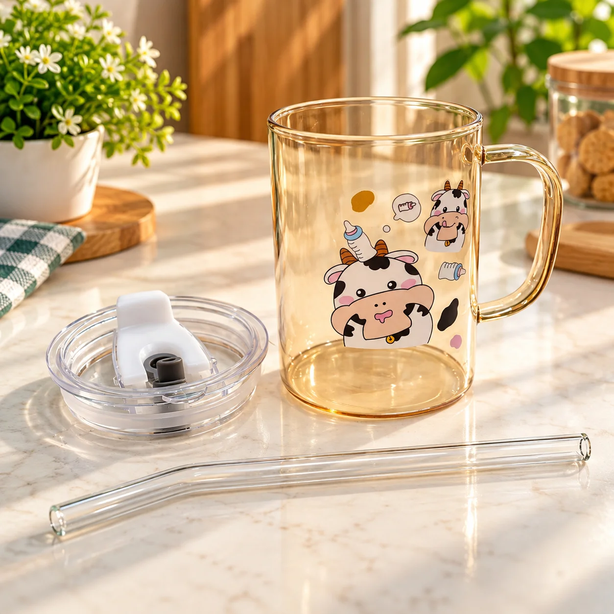 400ml Premium Glass Milk Mug with Lid & Glass Straw – Cow Print Cartoon Design Drinking Cup thumbnail 2