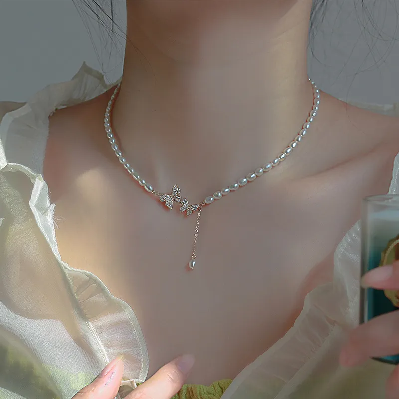 Fashionable Trendy Butterfly Pendant Pearl Choker Necklaces for Girls Simple Stylish - Pearl Adjustable Women Necklace Jewelry Accessories Gift for Women Simple New Collection - Necklace For Girls thumbnail 2