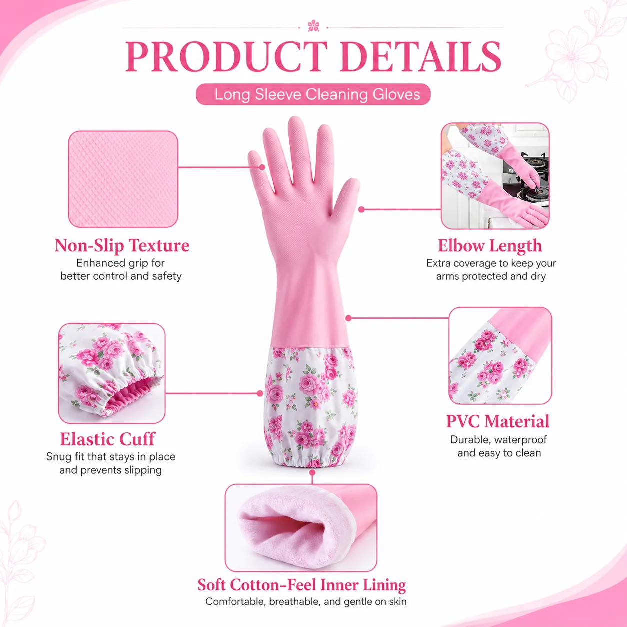 PVC Kitchen Gloves 2Pcs, Silicone Dish Washing Kitchen Hand Gloves thumbnail 2