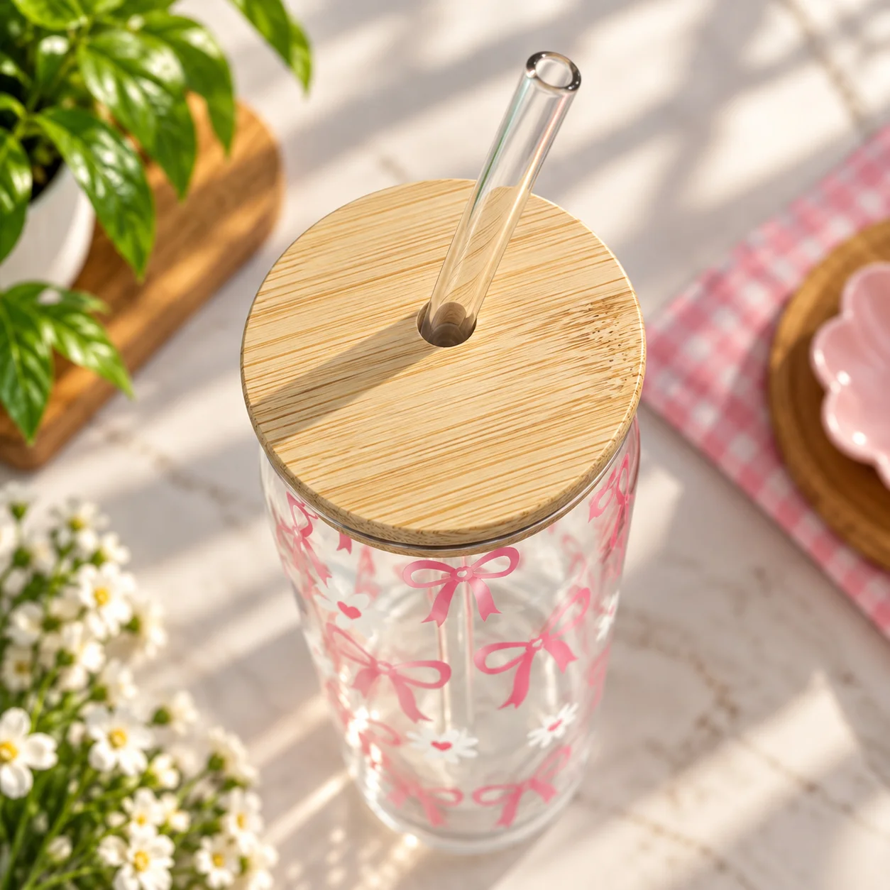 500ml Premium Glass Tumbler with Bamboo Lid & Reusable Glass Straw – Pink Bow & Flower Design thumbnail 3